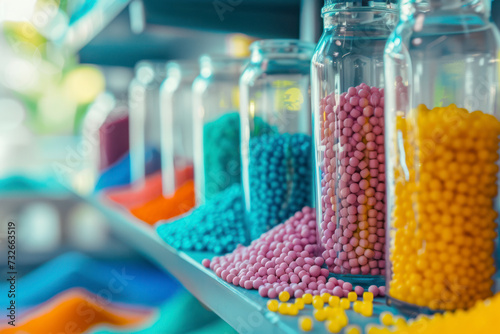 Dyed colourful plastic polymer granulates in laboratory. photo