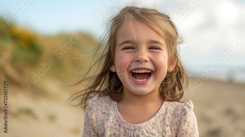 a beautiful little girl laughs loudly on the seashore photo