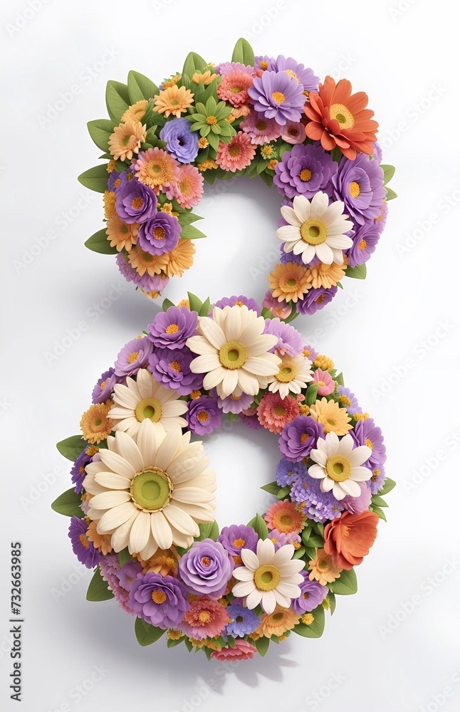 3D Women's day, 8 march,8 number decorated by flowers.