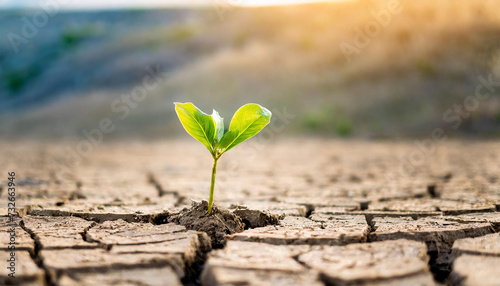green plant emerges from parched earth, symbolizing nature's resilience and the fight against climate change