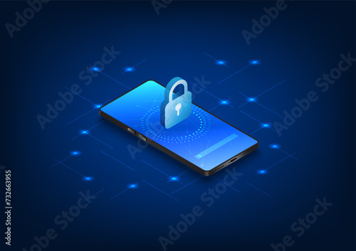 Cybersecurity technology built into smartphones has a security system. Prevent data theft and destruction, enter the verification code to use. Mobile phone screen with lock,  isometric