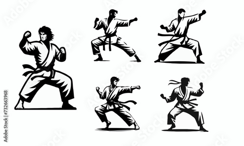 Five vector icons of karate fighters for engraving or laser cutting