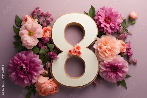 3D Women's day, 8 march,8 number decorated by flowers.