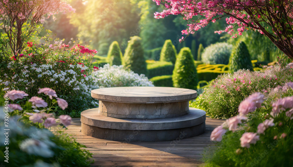 Product pedestal in lush garden with blossoms, ideal for showcasing items with natural elegance