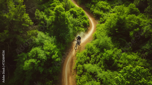 Aerial View of Cyclist Racing Through Winding Forest Trail, Mountain Biking Adventure, Lush Greenery Pathway, Outdoor Sports and Recreation, Thrilling Ride in Natural Setting, Active Lifestyle © AIRina