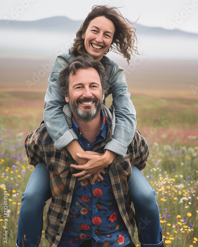 A 45 years old man giving his wife a piggyback ride on a colorful meadow. AI generated.