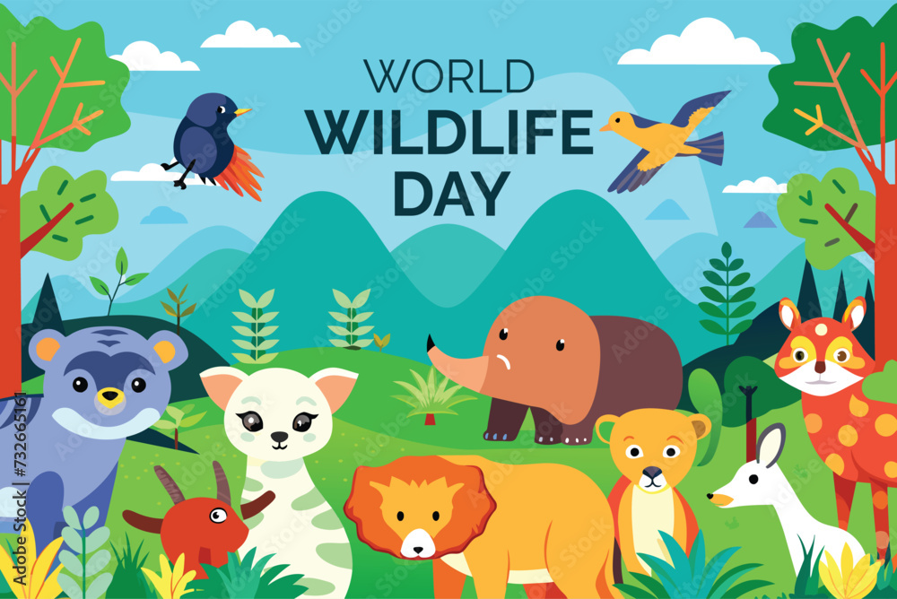 Naklejka premium world wildlife day with scenery animal in jungle background. cartoon animal in forest vector illustration