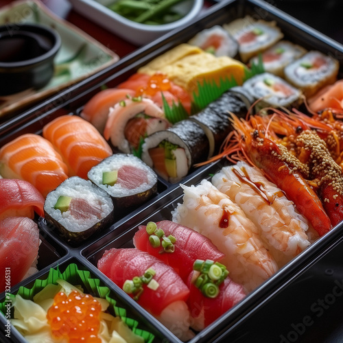 Assorted Japanese Bento Box with Sushi and Sashimi