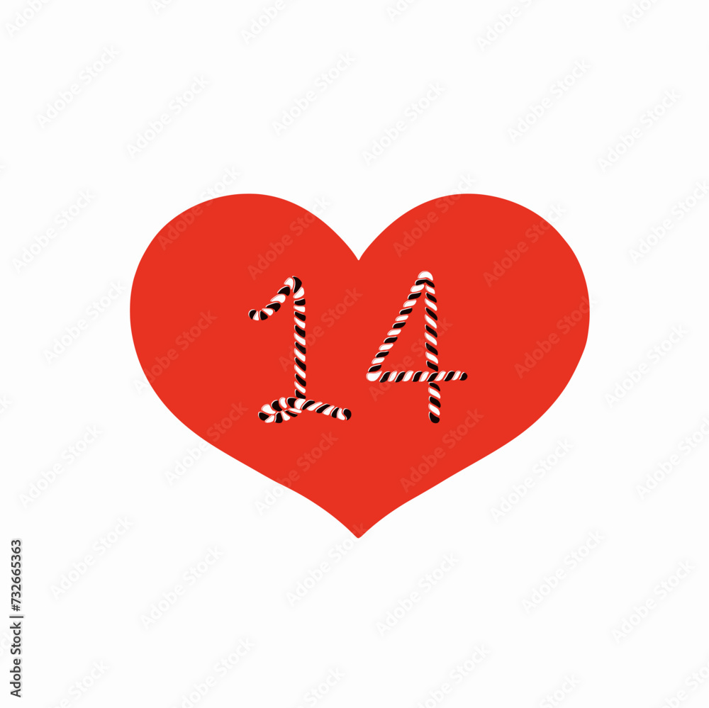 14 inside a Red heart isolated on white, Love and valentine's day concept,Number, Illustration vector