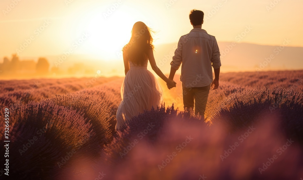 Romantic Provence Sunset: A Happy Couple Embraces in a Lavender Field in France, Surrounded by the Scenic Beauty of a Foggy Evening at Sunset Time.

