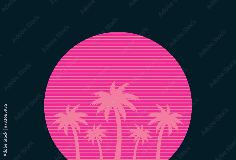 Bright silhouette of pink palm trees against the background of sunset. Party invitation, advertising flyer, banner. Vector illustration. Bright silhouette of pink palm trees against the background of sunset. Party invitation, advertising flyer, banner. Vector illustration.