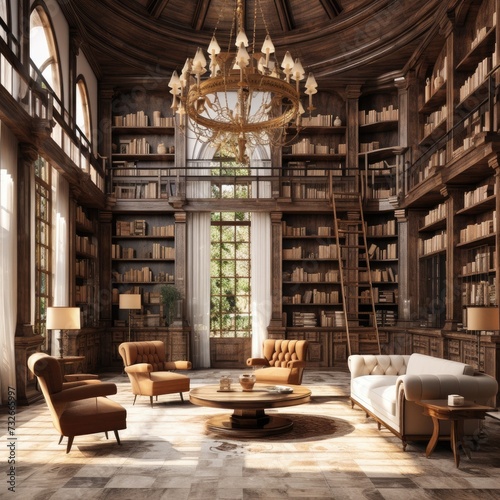 Luxury library interior with bookshelf and furniture. 3d render