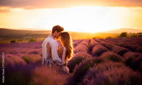 Romantic Provence Sunset: A Happy Couple Embraces in a Lavender Field in France, Surrounded by the Scenic Beauty of a Foggy Evening at Sunset Time.