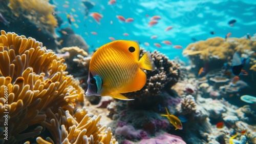 Vibrant Yellow Fish Swimming in Coral Reef with Marine Life in Sunlit Clear Blue Water © Increasi