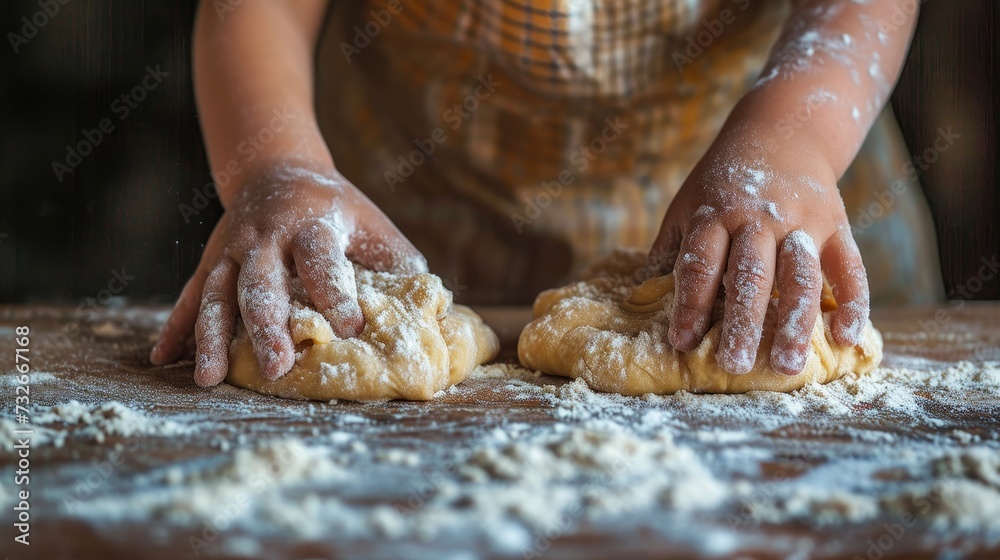 Hands Kneading Dough on a Flour-Dusted Surface, Evoking Homemade Cooking and Baking Hands Kneading Dough on a Flour-Dusted Surface, Evoking Homemade Cooking and Baking