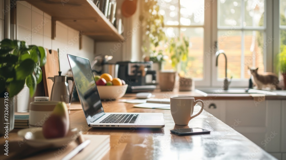 Cozy Home Office Setup in a Sunny Kitchen with a Laptop, Coffee Cup, and Fresh Fruit Cozy Home Office Setup in a Sunny Kitchen with a Laptop, Coffee Cup, and Fresh Fruit
