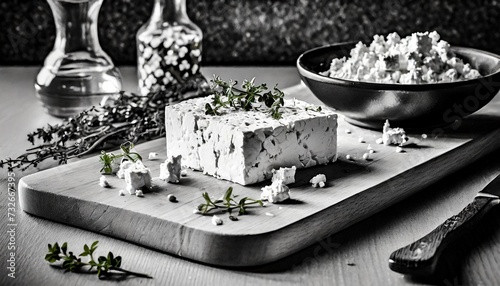 a black and white capture featuring a kitchen table adorned with delectable feta cheese and fresh herbs on a rustic cutting board, emphasizing texture and contras photo