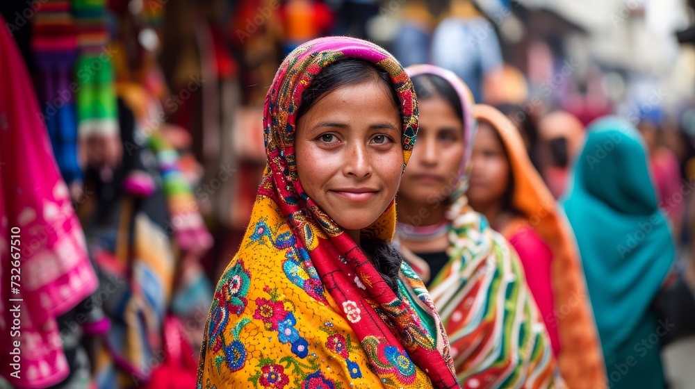 Smiling Young Woman in a Colorful Shawl at a Bustling Traditional Indian Market