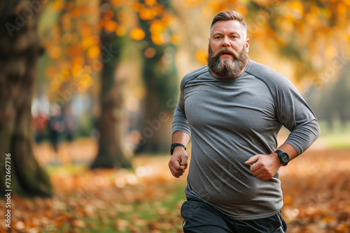 Overweight man jogging in the park.
