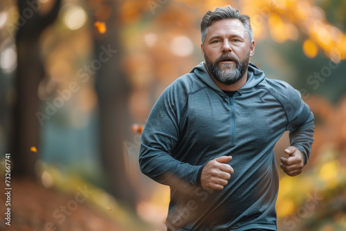 Overweight man jogging in the park.