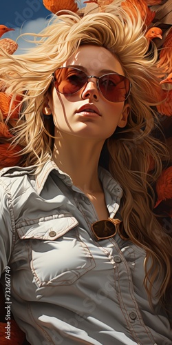 Stylish Woman in Sunglasses with Flowing Hair Against a Vibrant Autumn Leaves Backdrop