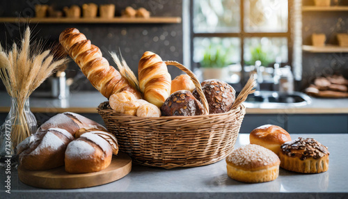 Assorted pastries and bread in a rustic wicker basket at a trendy bakery shop
