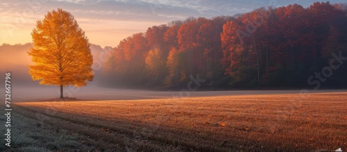 Solitary Tree Illuminated by Sunrise on a Misty Morning with Autumnal Forest Background © Increasi