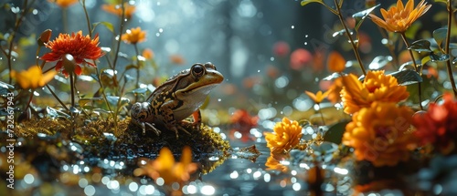 Tiny Frog Perched on a Leaf in a Vibrant, Dew-Kissed Floral Wonderland