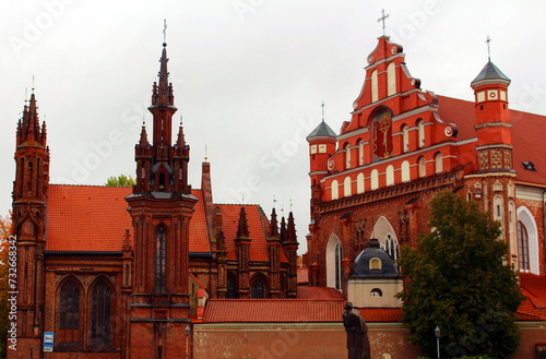 The Cathedral red Church of St. Anna in Vilnius. Catholic Christian old church. A UNESCO monument and cultural heritage of the Gothic style of architecture. Lithuania. A medieval building.