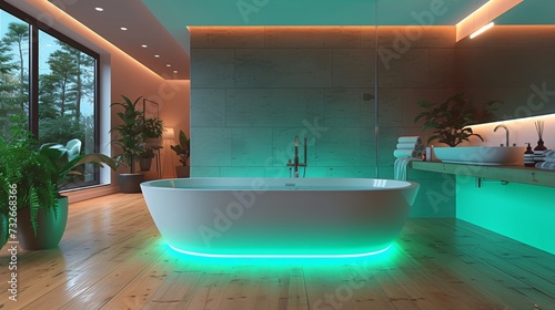 Modern and confortable bathroom illuminated by led strips, 3d render
