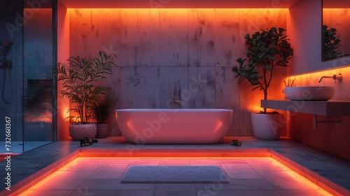 Modern and confortable bathroom illuminated by led strips, 3d render