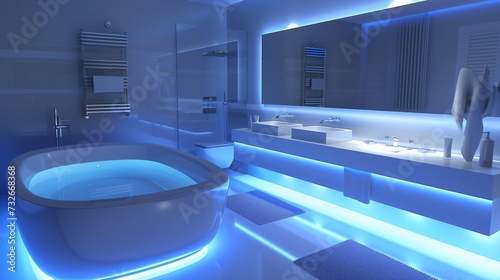 Modern and confortable bathroom illuminated by led strips, 3d render