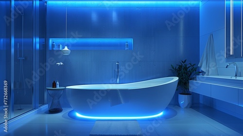 Modern and confortable bathroom illuminated by led strips, 3d render