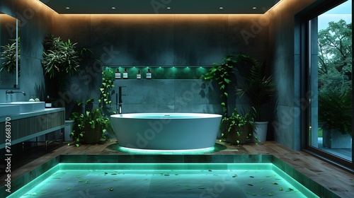 Modern and confortable bathroom illuminated by led strips, 3d render