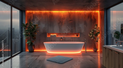 Modern and confortable bathroom illuminated by led strips, 3d render