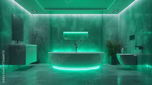 Modern and confortable bathroom illuminated by led strips, 3d render