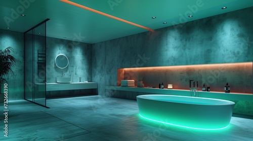 Modern and confortable bathroom illuminated by led strips, 3d render