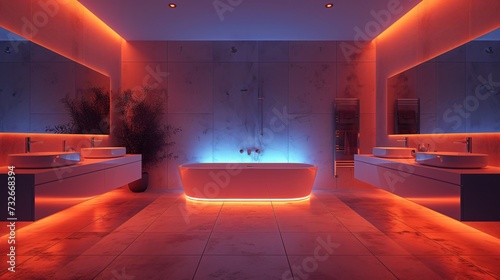 Modern and confortable bathroom illuminated by led strips, 3d render
