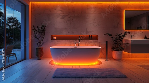 Modern and confortable bathroom illuminated by led strips, 3d render