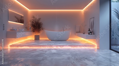 Modern and confortable bathroom illuminated by led strips, 3d render