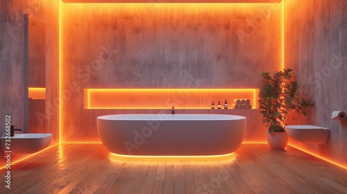 Modern and confortable bathroom illuminated by led strips, 3d render