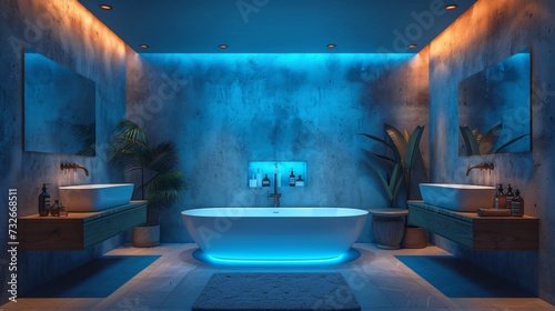 Modern and confortable bathroom illuminated by led strips, 3d render