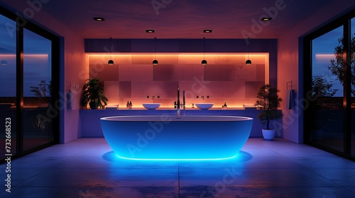 Modern and confortable bathroom illuminated by led strips, 3d render