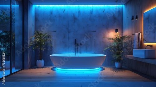 Modern and confortable bathroom illuminated by led strips, 3d render