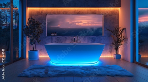 Modern and confortable bathroom illuminated by led strips  3d render
