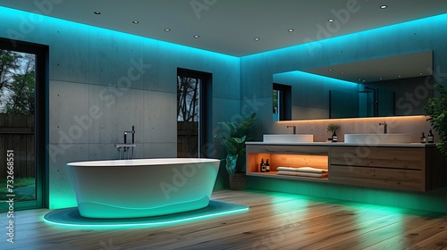 Modern and confortable bathroom illuminated by led strips, 3d render photo