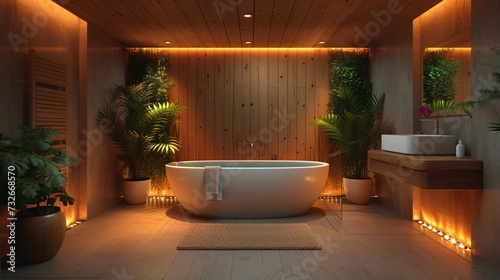Modern and confortable bathroom illuminated by led strips, 3d render