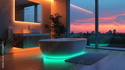 Modern and confortable bathroom illuminated by led strips, 3d render