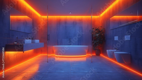 Modern and confortable bathroom illuminated by led strips  3d render
