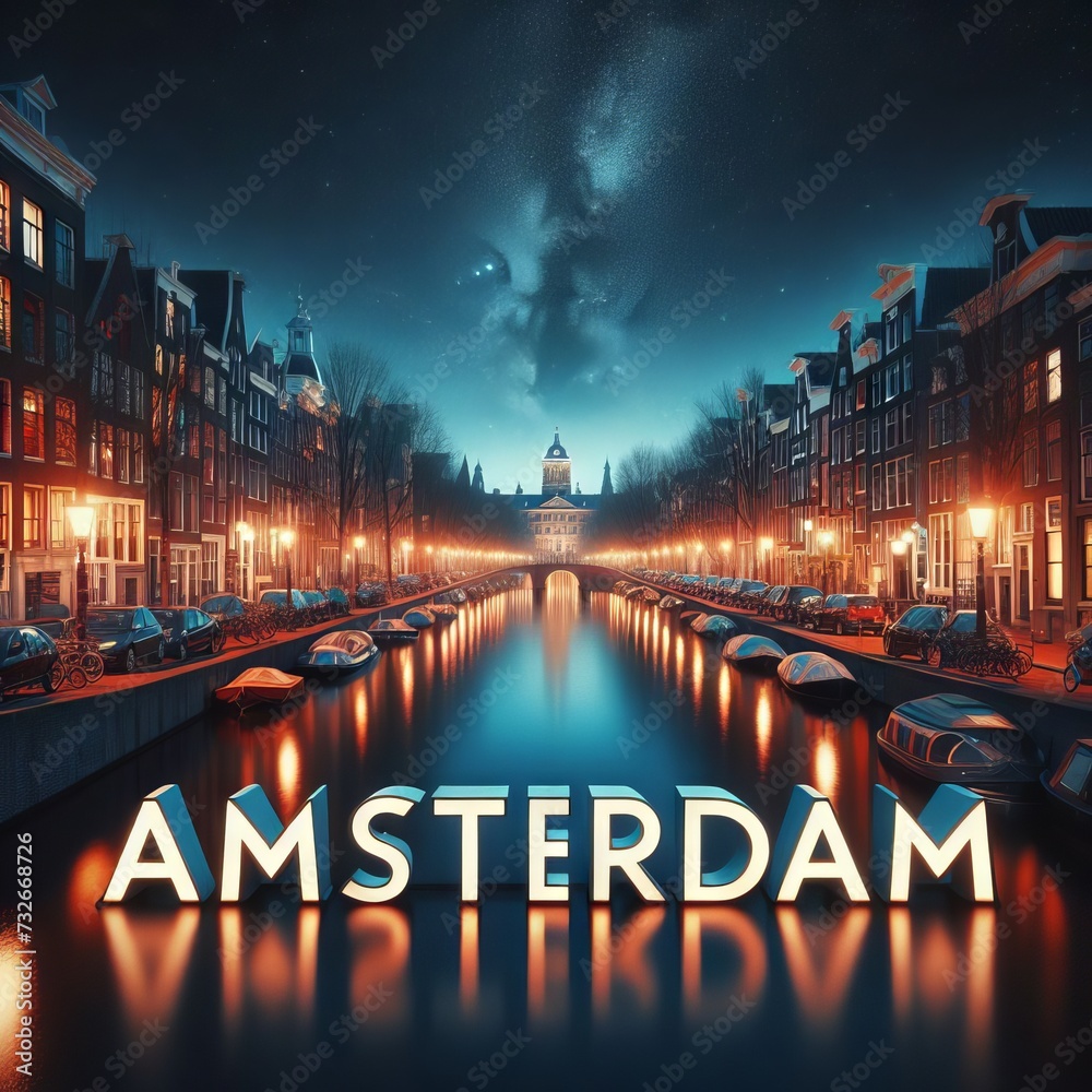 Obraz premium Illustration of Amsterdam canals at night